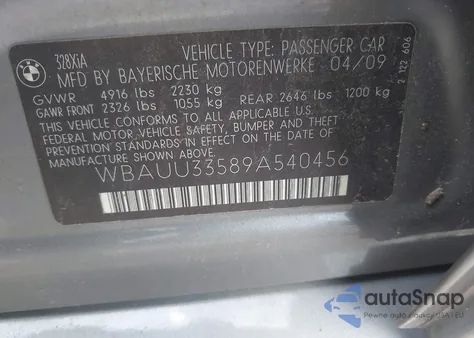 2009 BMW 328I xDrive z USA, uszkodzony, nr VIN WBAUU33589A540456